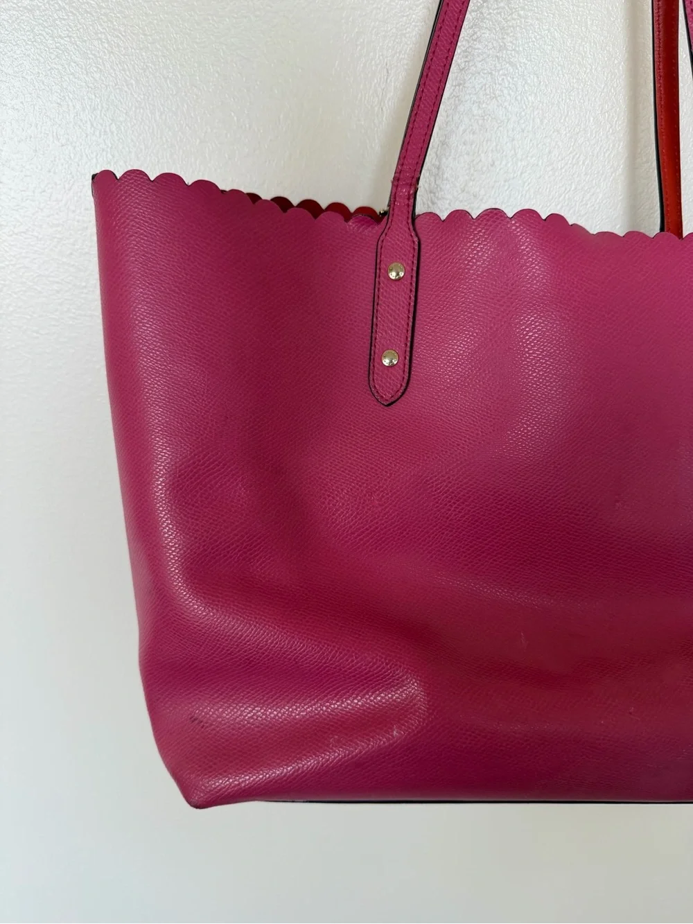 COACH Metro Fuschia Leather Tote w/ Floral Embellishments and Scalloped Top Edge